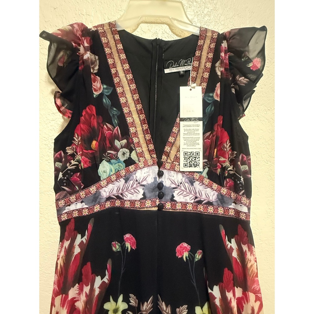 Dalia MacPhee Floral Maxi Dress XL Black Multi Flutter Sleeve V-Neck D1557 NEW